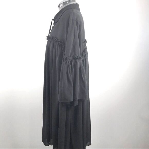 Missguided Semi Sheer Black Poet’s Style Dress with Bell Sleeves and Tie Front - Picture 4 of 15